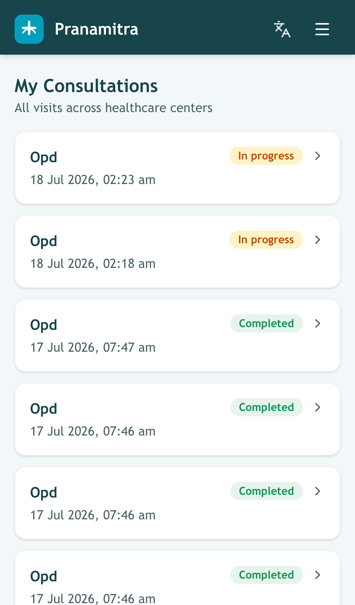 Mobile Pranamitra patient consultation history